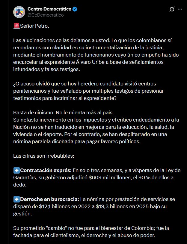 El Centro Democrático escaló la confrontación al acusar al gobierno de Petro de aumentar los impuestos y el endeudamiento nacional sin que estos recursos se reflejen en mejoras - crédito @CeDemocratico/X