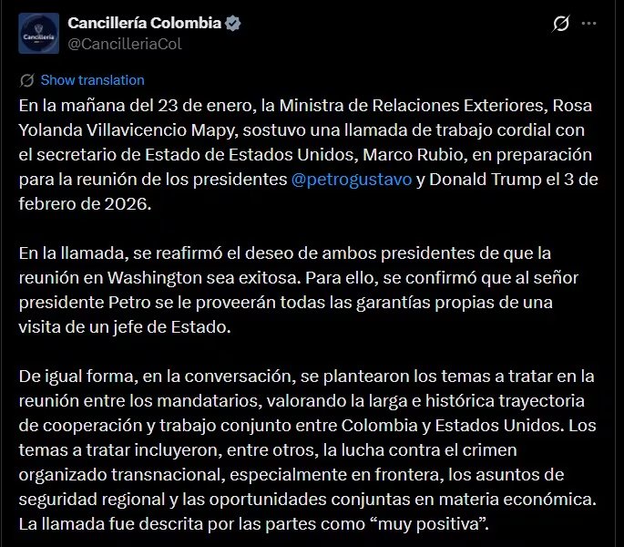 El intercambio telefónico previo a la cumbre presidencial pone de relieve la necesidad de mantener la coordinación en áreas críticas, subrayando el papel central de la cooperación en la agenda regional - crédito Cancillería de Colombia