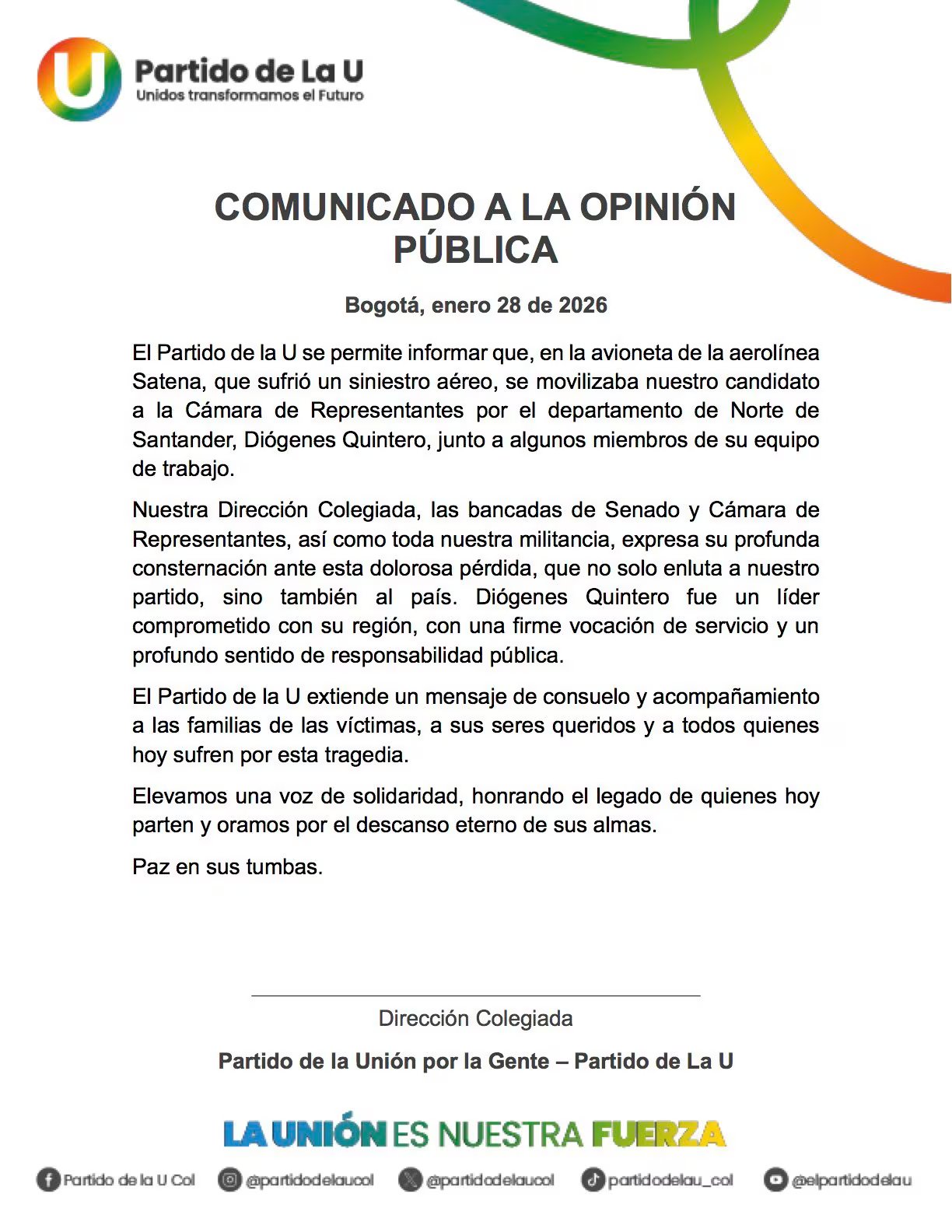 Por medio de un comunicado, el Partido de la U destacó el compromiso de uno de los ocupantes con su región y su vocación de servicio - crédito @partidodelaucol/X