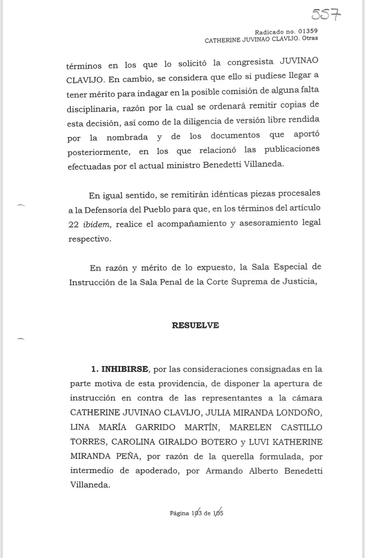 La decisión del alto tribunal cerró el camino penal contra seis representantes, pero abrió un nuevo frente disciplinario que ahora involucra al propio ministro del Interior- crédito Corte Suprema de Justicia