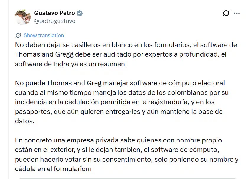 Petro aseguró que se deben realizar auditorías en el software de Thomas Greg & Sons - crédito @petrogustavo/X