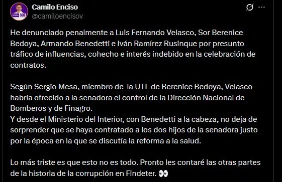 El exsecretario de Transparencia acusa a Luis Fernando Velasco, Armando Benedetti, Sol Berenice Bedoya y a un alto funcionario de Findeter de corrupción política - crédito @camiloencisov / X