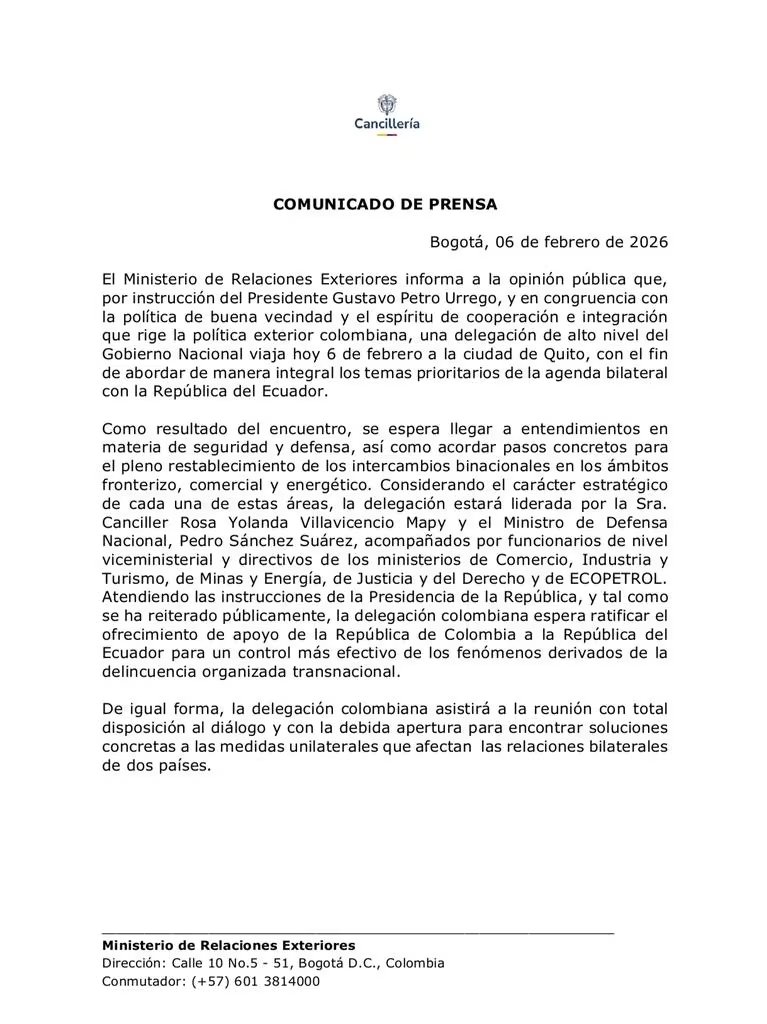 Comunicado de la Cancillería en el que se dan a conocer los puntos más importantes que se tratarán con el Gobierno de Ecuador para superar la crisis arancelaria con Colombia - crédito Cancillería