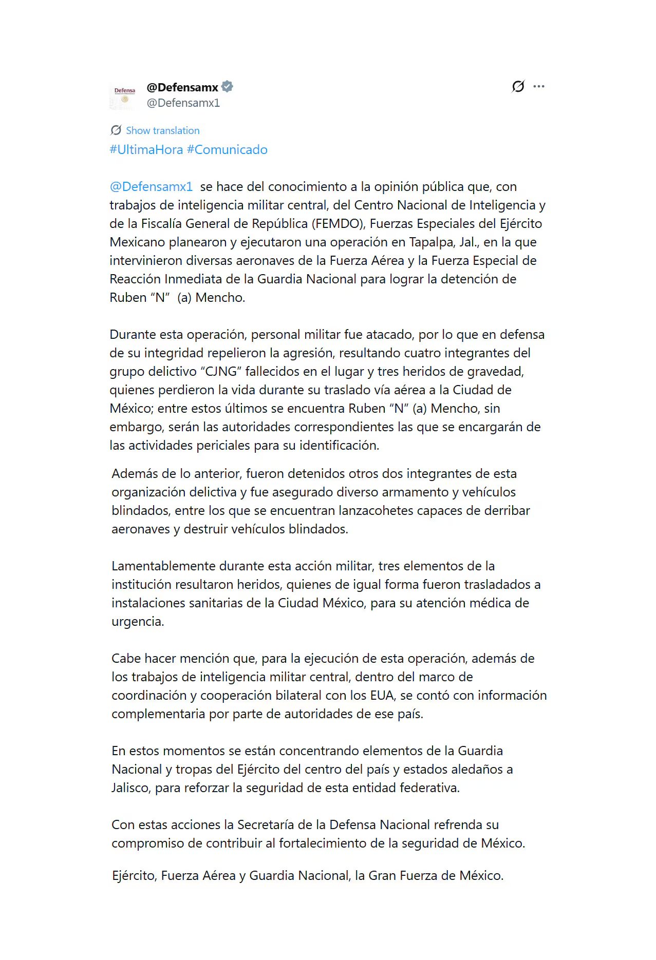 El comunicado difundido por las autoridades norteamericanas