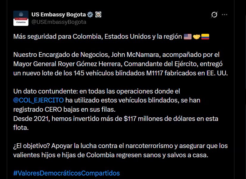 El Ejército Nacional de Colombia suma 145 vehículos M1117, donados por el gobierno estadounidense, para fortalecer la seguridad en zonas de conflicto - crédito X