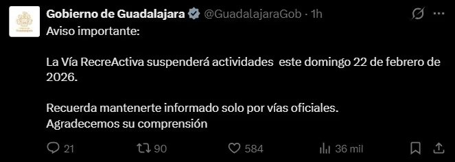 Aviso importante: 
La Vía RecreActiva suspenderá actividades este domingo 22 de febrero de 2026. 

Recuerda mantenerte informado solo por vías oficiales. 
Agradecemos su comprensión (X-Gobierno de Guadalajara)