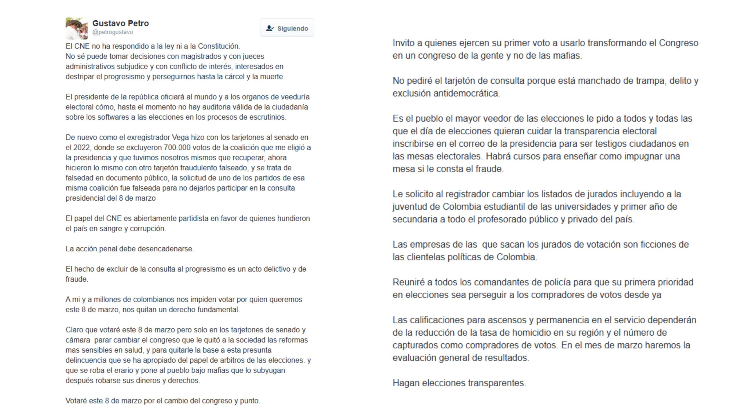 El presidente Gustavo Petro cuestionó al Consejo Nacional Electoral por la exclusión de Iván Cepeda de la consulta presidencial - crédito @petrogustavo/X