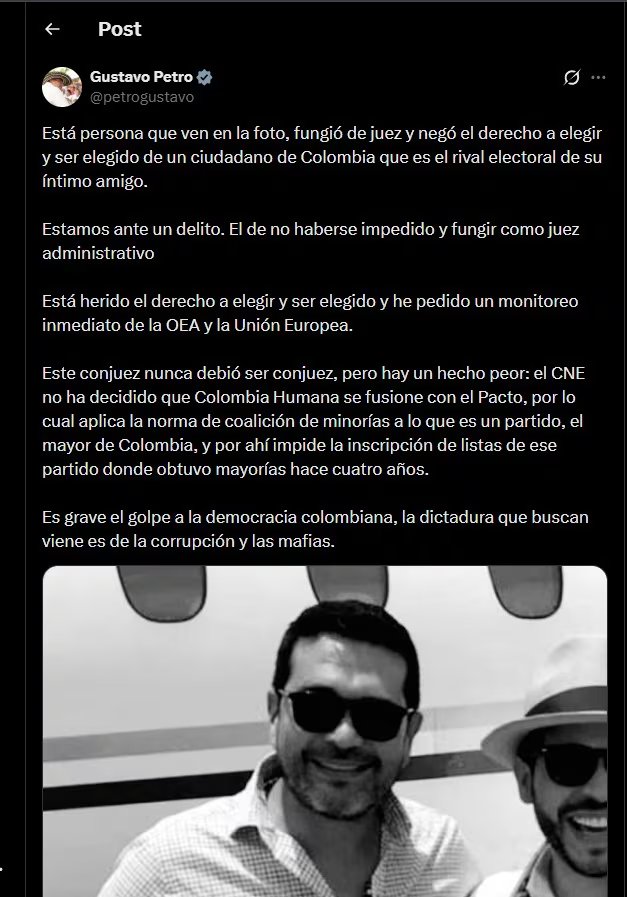 Petro calificó el fallo de un conjuez como un “grave golpe a la democracia colombiana” y aseguró que atenta contra derechos políticos - crédito @petrogustavo/X
