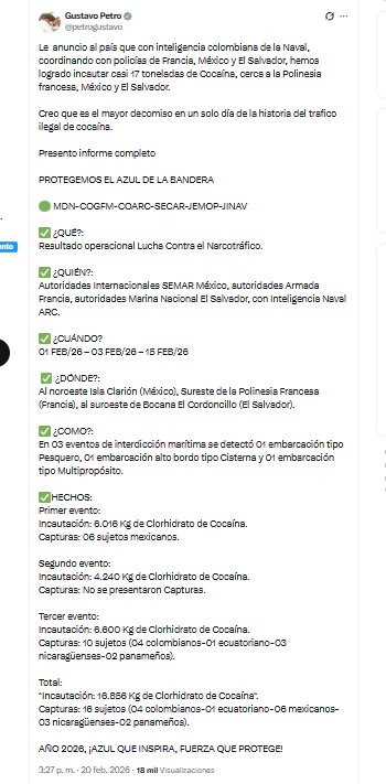 El presidente Gustavo Petro presentó un informe que expone resultados operacionales de la lucha contra el narcotráfico - crédito @petrogustavo/X