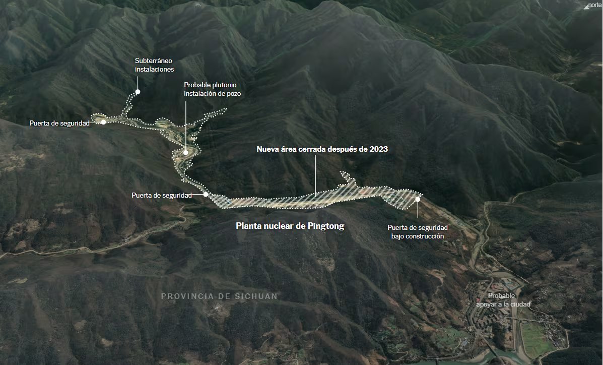 Vista aérea detalla la Planta Nuclear de Pingtong con nuevas áreas cerradas y posibles instalaciones de plutonio (Fuente: Imagen 3D compuesta de Google Earth/NYT)