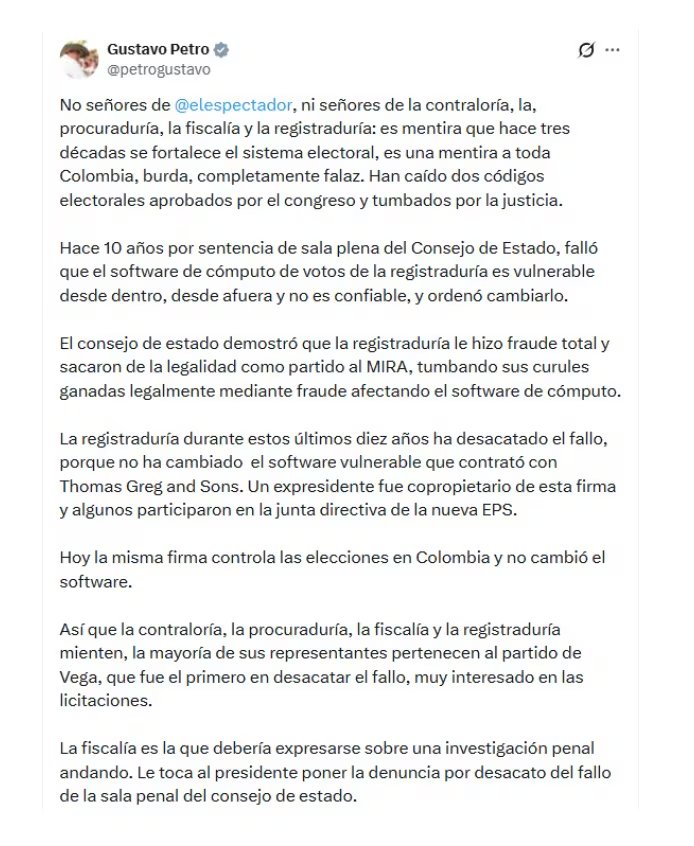Con este mensaje en X, el presidente Gustavo Petro lanzó una dura respuesta al CNE, Registraduría y entes de control, e insistió en sus denuncias - crédito @petrogustavo/X