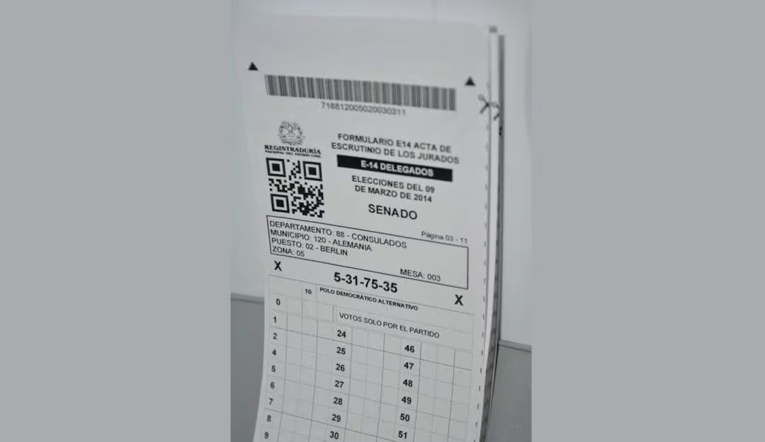 El formulario E-14 es el documento clave donde los jurados registran manualmente los votos de cada candidato y lista electoral - crédito Registraduría Nacional del Estado Civil
