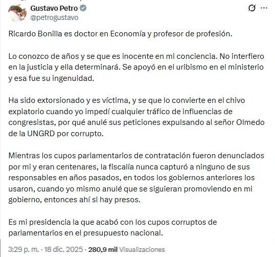 Petro salió en defensa del exministro Bonilla y señaló que en el pasado la Fiscalía no investigó congresistas que él denunció por incurrir en prácticas similares - crédito @petrogustavo/X