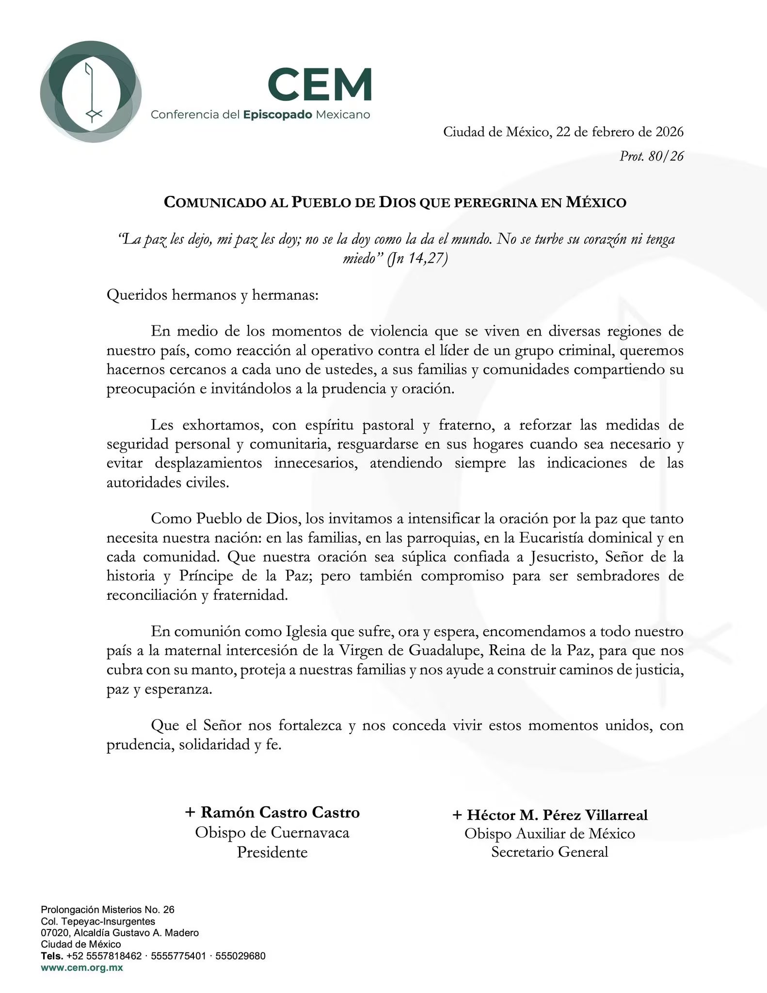 Conferencia del Episcopado Mexicano se pronuncia por hechos violentos en México tras muerte de 'El Mencho'. Fcebook/Conferencia del Episcopado Mexicano. 
