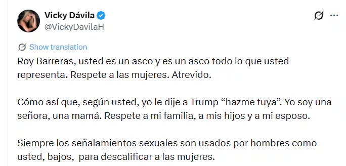 El intercambio se produjo tras una entrevista en la que Barreras la mencionó al hablar de una supuesta solicitud de intervención extranjera en Colombia - crédito @VickyDavilaH/X