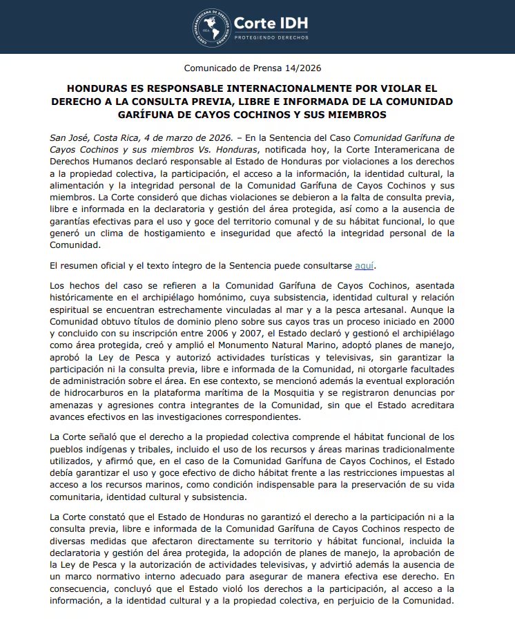 La sentencia destaca la violación de derechos fundamentales como la propiedad colectiva, acceso a la información e identidad cultural garífuna. (Imagen: Comunicado CIDH)