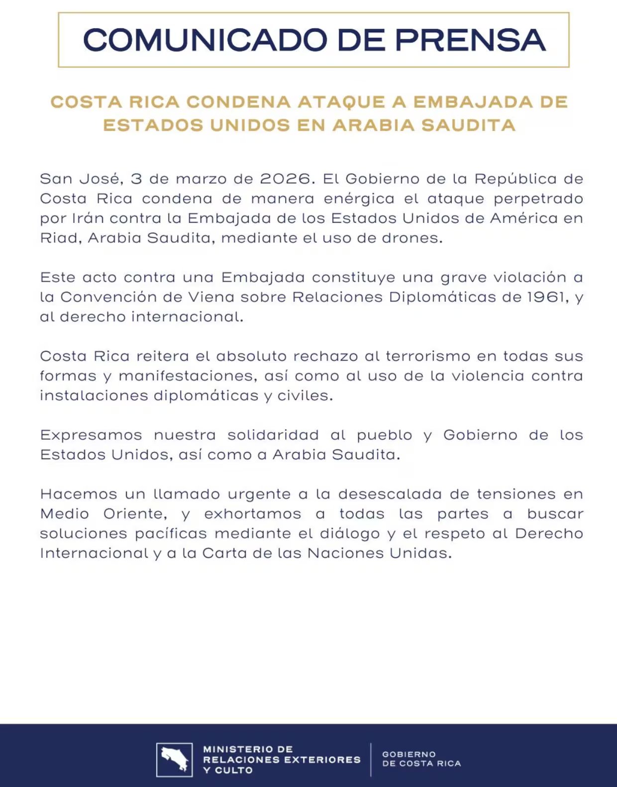 Mensaje publicado por el gobierno costarricense en redes sociales. Fuente: Ministerio de Relaciones Exteriores y Culto