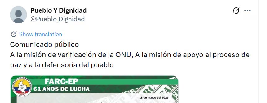Esto dice la misiva emitida en la cuenta de X del Estado Mayor Central @Pueblo<em>Dignidad – crédito @Pueblo</em>Dignidad/X» class=»aligncenter size-full» src=»https://kchcomunicacion.com/wp-content/uploads/2026/03/Disidencias-de-Ivan-Mordisco-prohibiran-el-ingreso-1.jpg» style=»width:100%; height:auto; margin-bottom: 20px;»/></p>
<p>En su argumentación, el grupo armado arremetió específicamente contra la <strong>Defensoría del Pueblo</strong>, asegurando que las alertas tempranas que este organismo emite con regularidad han sido <strong>“manipuladas por sus encargados regionales, que desconocen u omiten la realidad territorial, sembrando pánico, aversión contra las Farc-EP y convirtiéndose en la justificación de los operativos militares”</strong>.</p>
<p>Los miembros de la disidencia también señalaron a estas organizaciones por lo que consideran una omisión sistemática frente a presuntas vulneraciones del derecho internacional humanitario atribuidas al Estado colombiano.</p>
<blockquote>
<p>“Siempre hemos señalado el silencio casi cómplice de estos organismos frente a crímenes de estado o la violación al derecho internacional humanitario como en los casos de la muerte del menor de 10 años Dylan Cruz, y los tres civiles asesinados a manos de la fuerza pública en el corregimiento de El Plateado Argelia en el mes de enero, o los bombardeos contra civiles y menores de edad en el departamento del Guaviare, además de la estigmatización creciente contra las legítimas formas de resistencia del pueblo colombiano”</p>
</blockquote>
<p><img decoding=