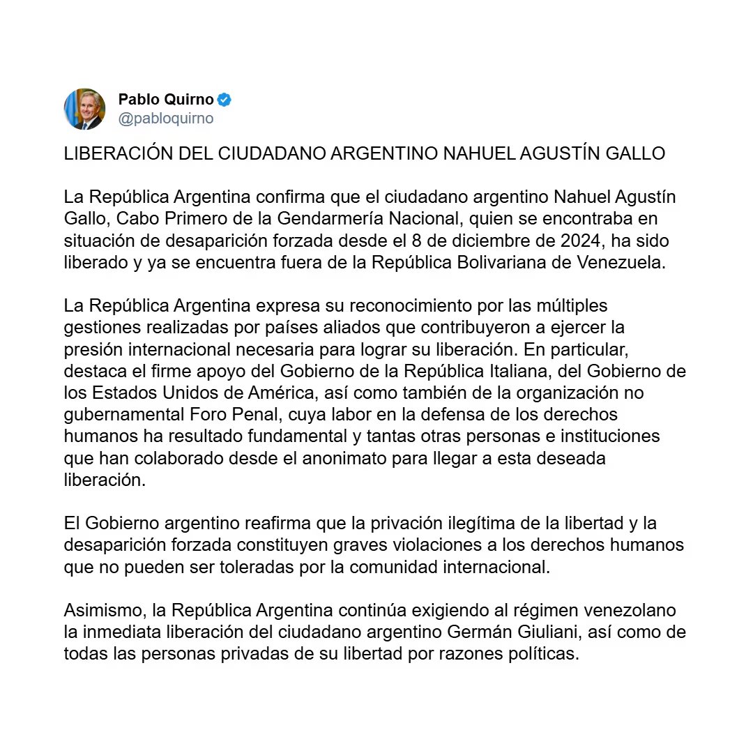 La Cancillería argentina agradeció el apoyo de Italia, Estados Unidos y Foro Penal en la liberación del ciudadano argentino