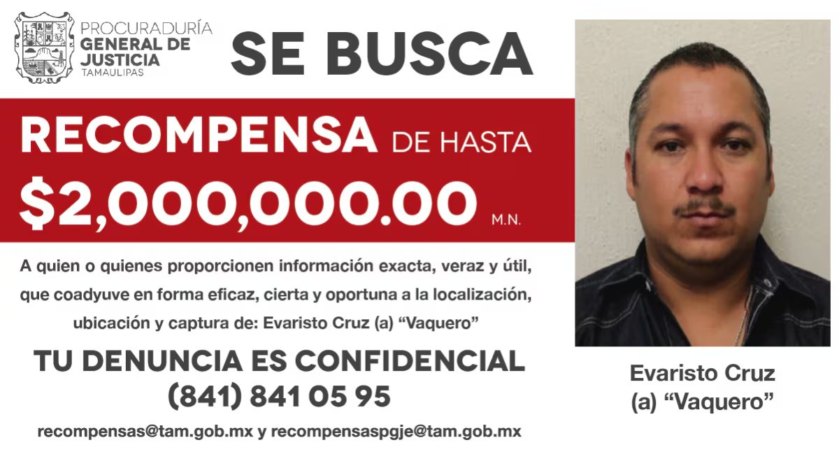 La FGJ Tamaulipas ofreció 2,000,000 de pesos como recompensa a quien proporcione ayuda para la localización de Evaristo Cruz, alias 