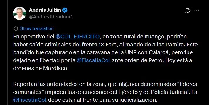 El gobernador Andrés Julián Rendón reportó posibles bajas en la facción liderada por alias Ramiro, aunque la verificación oficial sigue en curso - crédito @AndresJRendonC/X