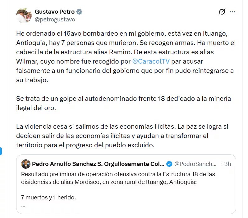 El presidente se pronunció sobre el bombardeo registrado en Antioquia - crédito @petrogustavo/X