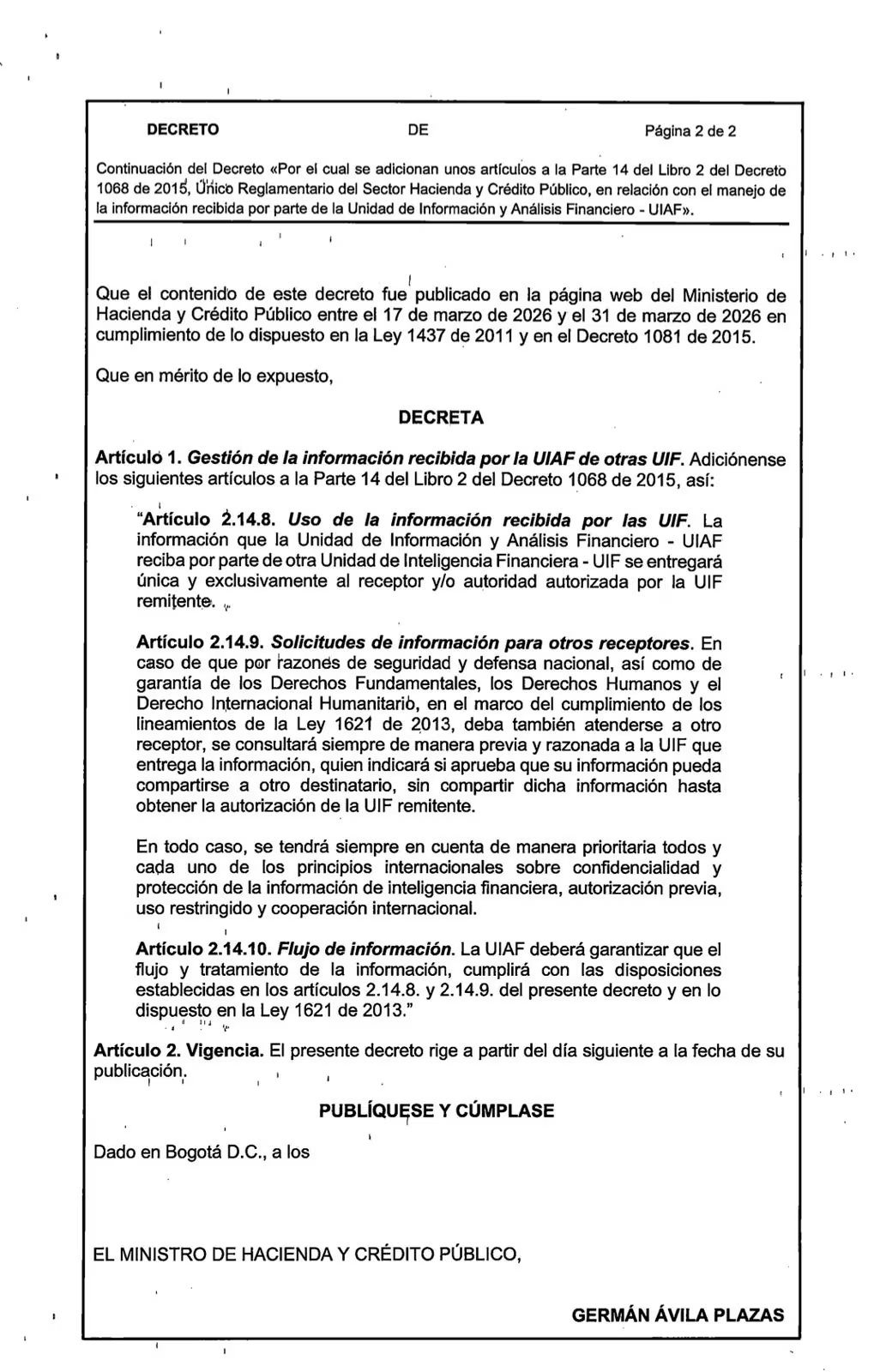 Gobierno Petro publicó borrador de decreto para volver a ingresar a la red global Egmont - crédito Ministerio de Hacienda