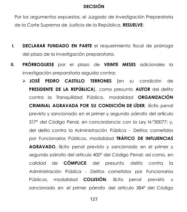 PJ amplía la investigación contra Pedro Castillo.