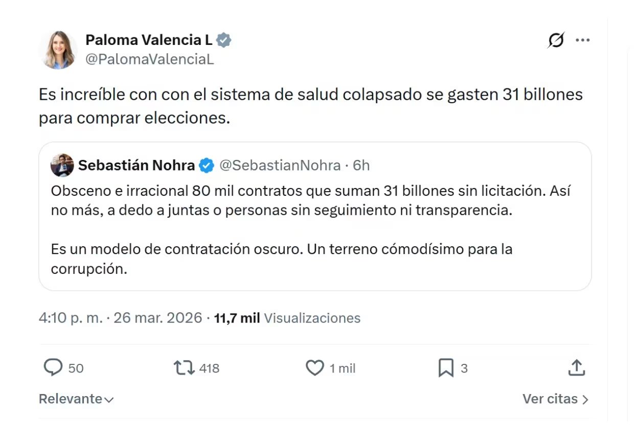 Con este mensaje, la senadora Paloma Valencia reaccionó al que sería el más reciente escándalo en la administración del Gobierno de Gustavo Petro - crédito @PalomaValenciaL/X