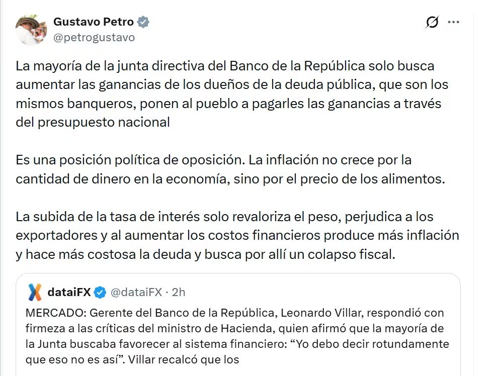 Gustavo Petro aseguró que la mayoría de la Junta del Banco de la República busca aumentar las ganancias de los dueños de la deuda pública a costa del presupuesto nacional - crédito @petrogustavo/X