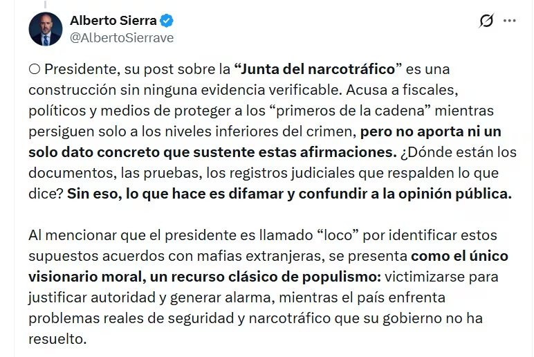Alberto Sierra, analista, dijo que la publicación del presidente Petro sobre la “Junta del narcotráfico” es una construcción sin ninguna evidencia verificable - crédito @AlbertoSierraVe/X