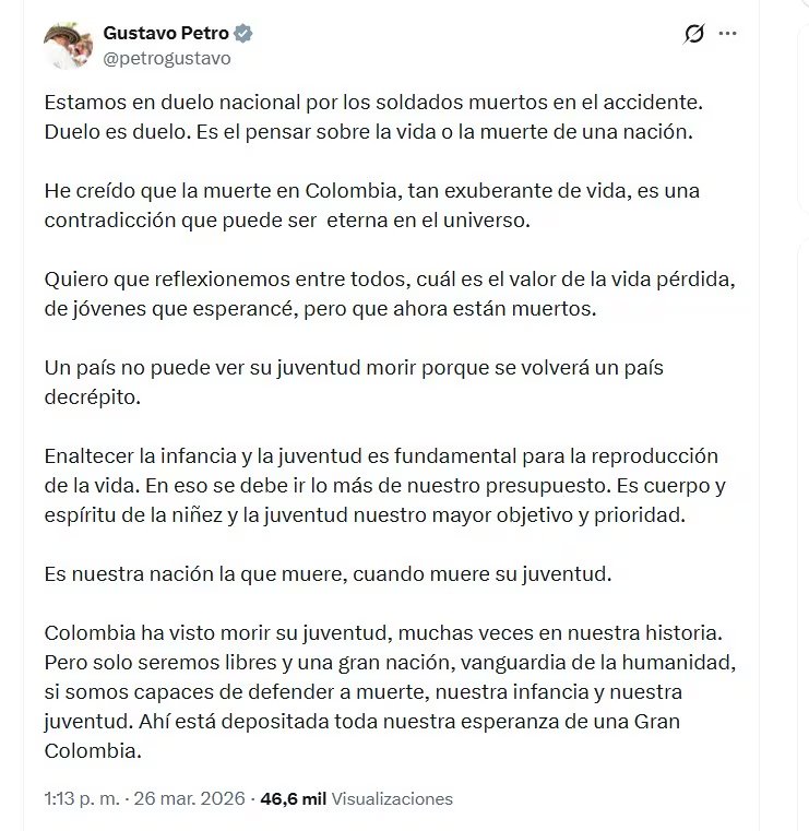 El presidente llamó a reflexionar sobre la vida y la muerte de la juventud, tras la muerte de los militares en el avión de la FAC - crédito @petrogustavo/X