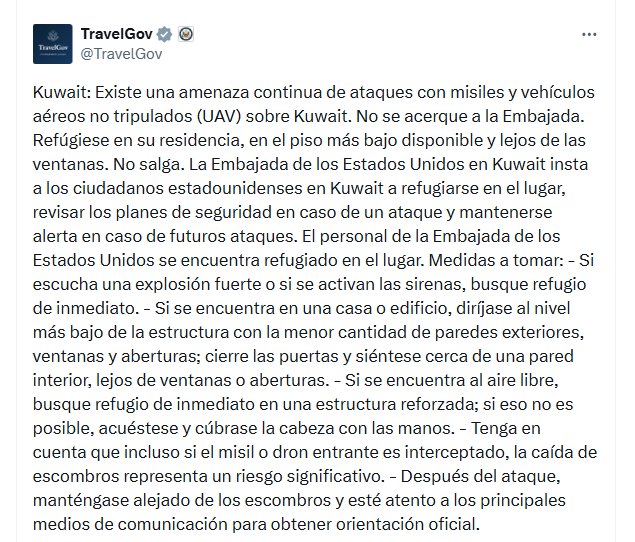 El comunicado en la red social X de la delegación diplomática de Estados Unidos en Kuwait