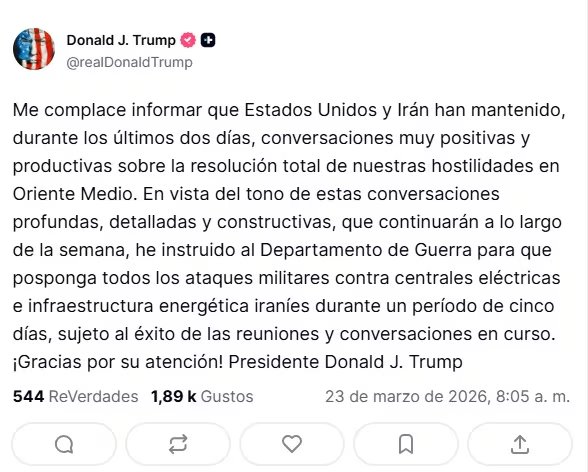 El posteo de Trump en Truth Social (Captura de pantalla)