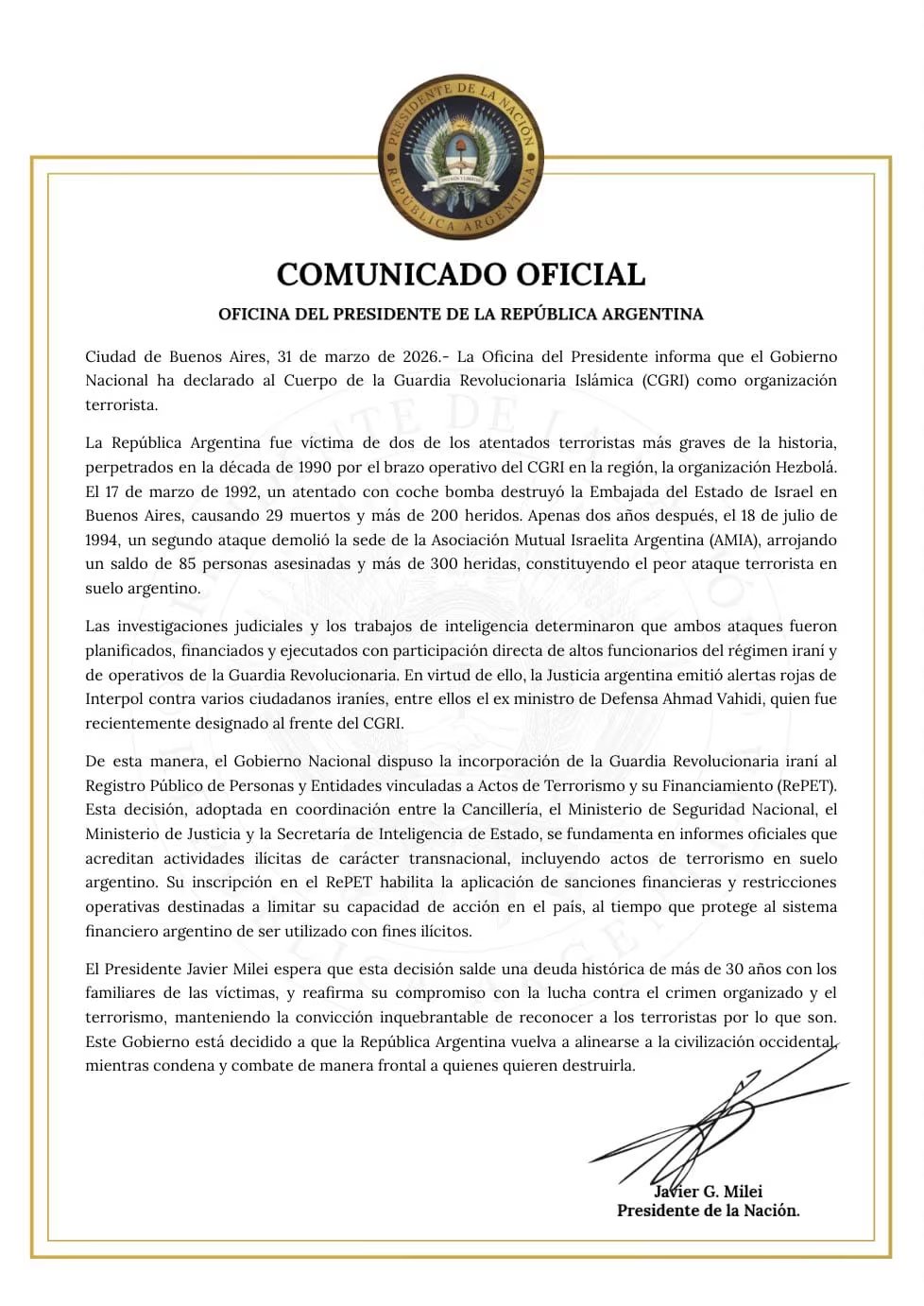 El comunicado que fue publicado por la Oficina del Presidente