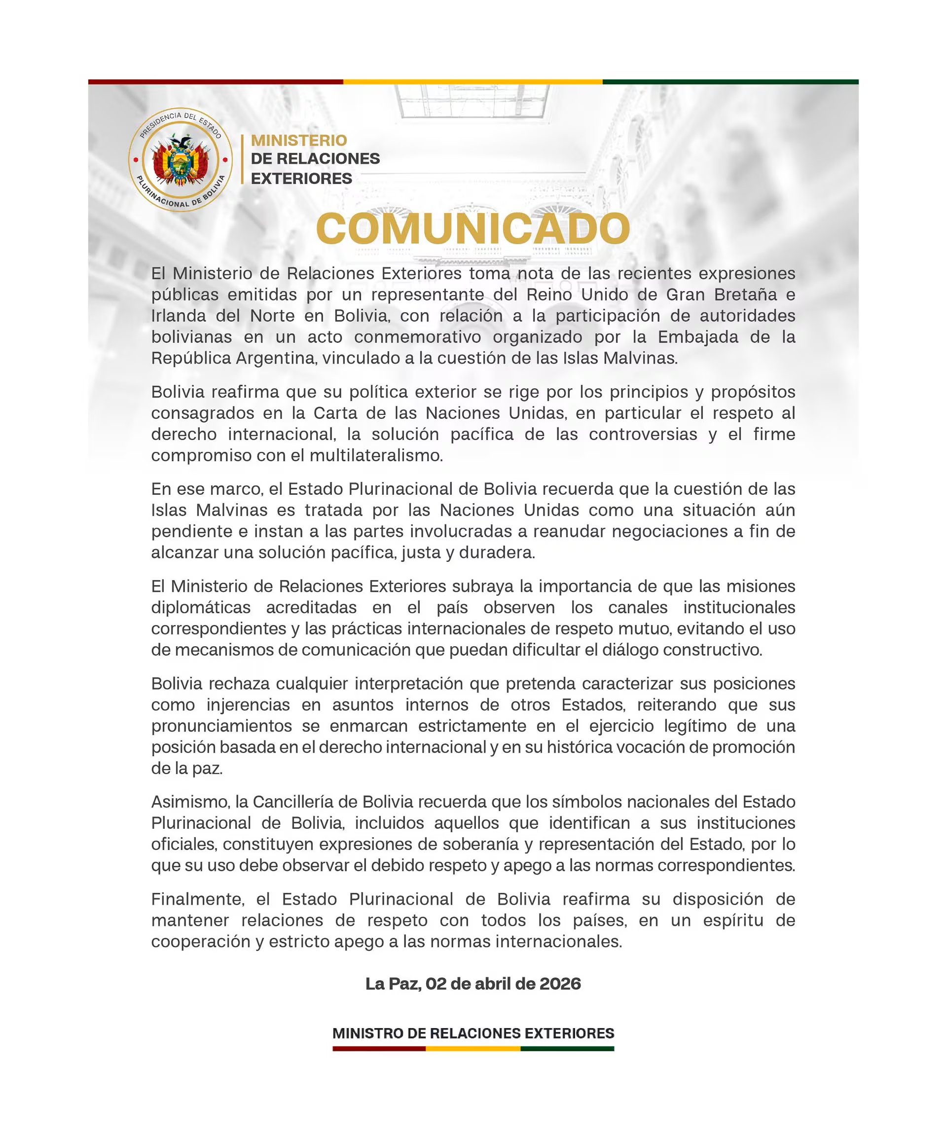 La Cancillería de Bolivia emitió un comunicado reiterando su apoyo a la soberanía argentina sobre las Islas Malvinas y llamó a negociaciones pacíficas (X)