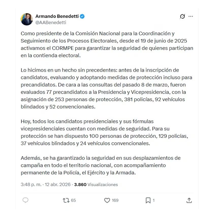 A través de sus redes sociales, el ministro del Interior, Armando Benedetti, entregó reporte de seguridad a candidatos, a raíz de las amenazas de muerte denunciadas por Paloma Valencia - crédito @AABenedetti/X