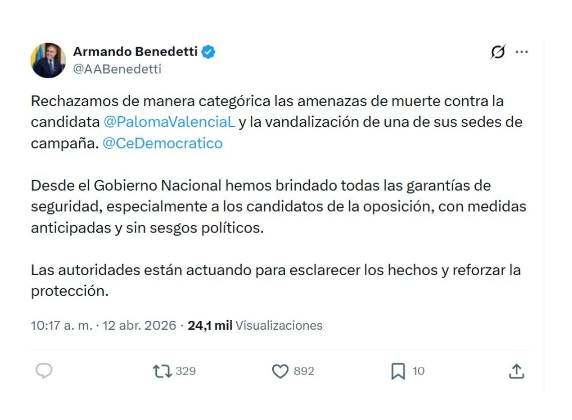 El ministro del Interior aseguró que las autoridades ya iniciaron con las investigaciones para dar con los responsables de la amenaza - crédito @AABeenedetti/X