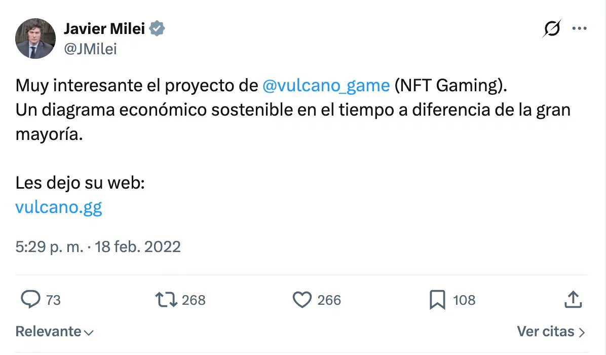 Posteo de Milei promocionando el token $Vulcano lanzado por Novelli el 18 de febrero de 2022