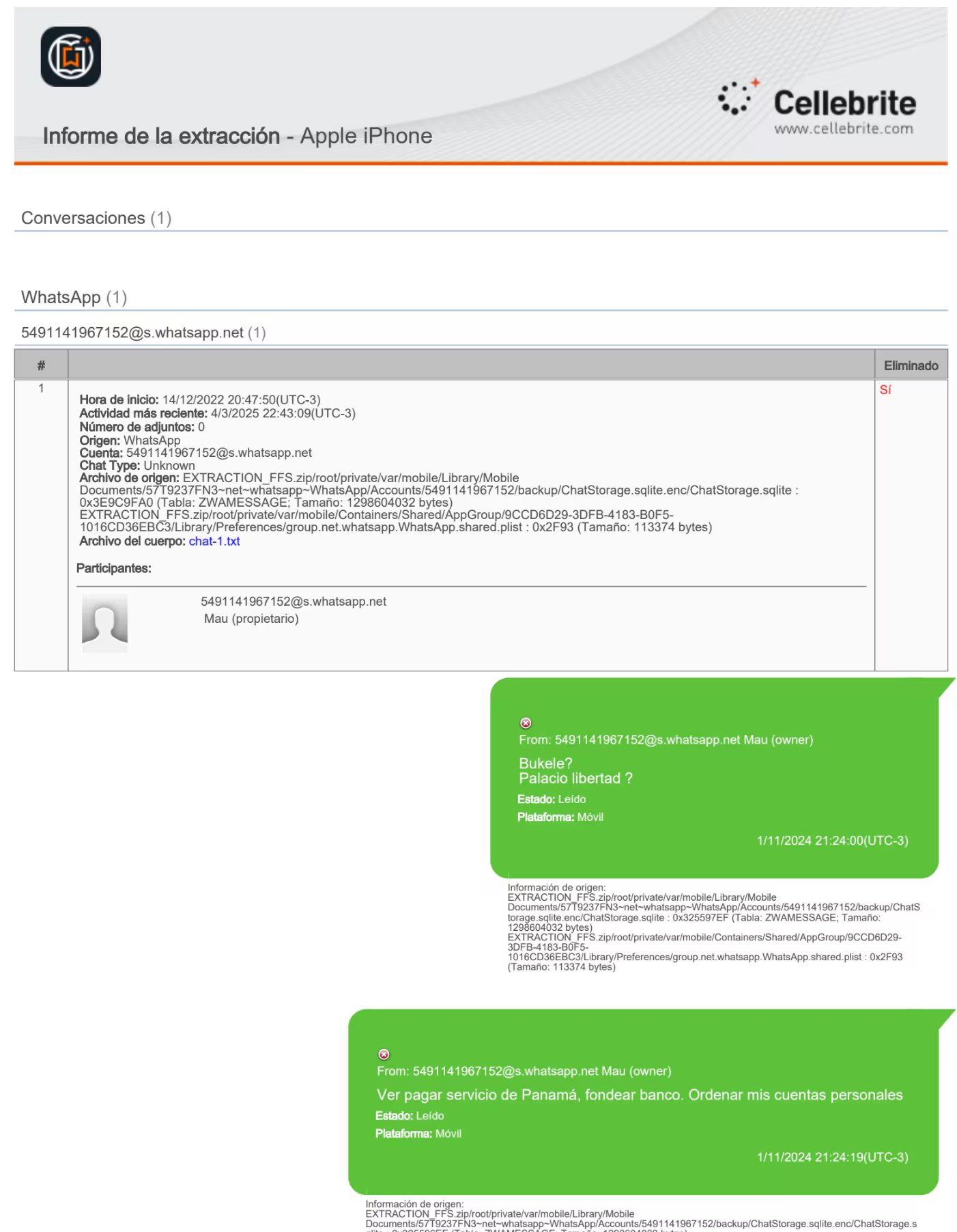 Mensaje extraído por la DATIP del celular de Novelli del 1 de noviembre de 2024