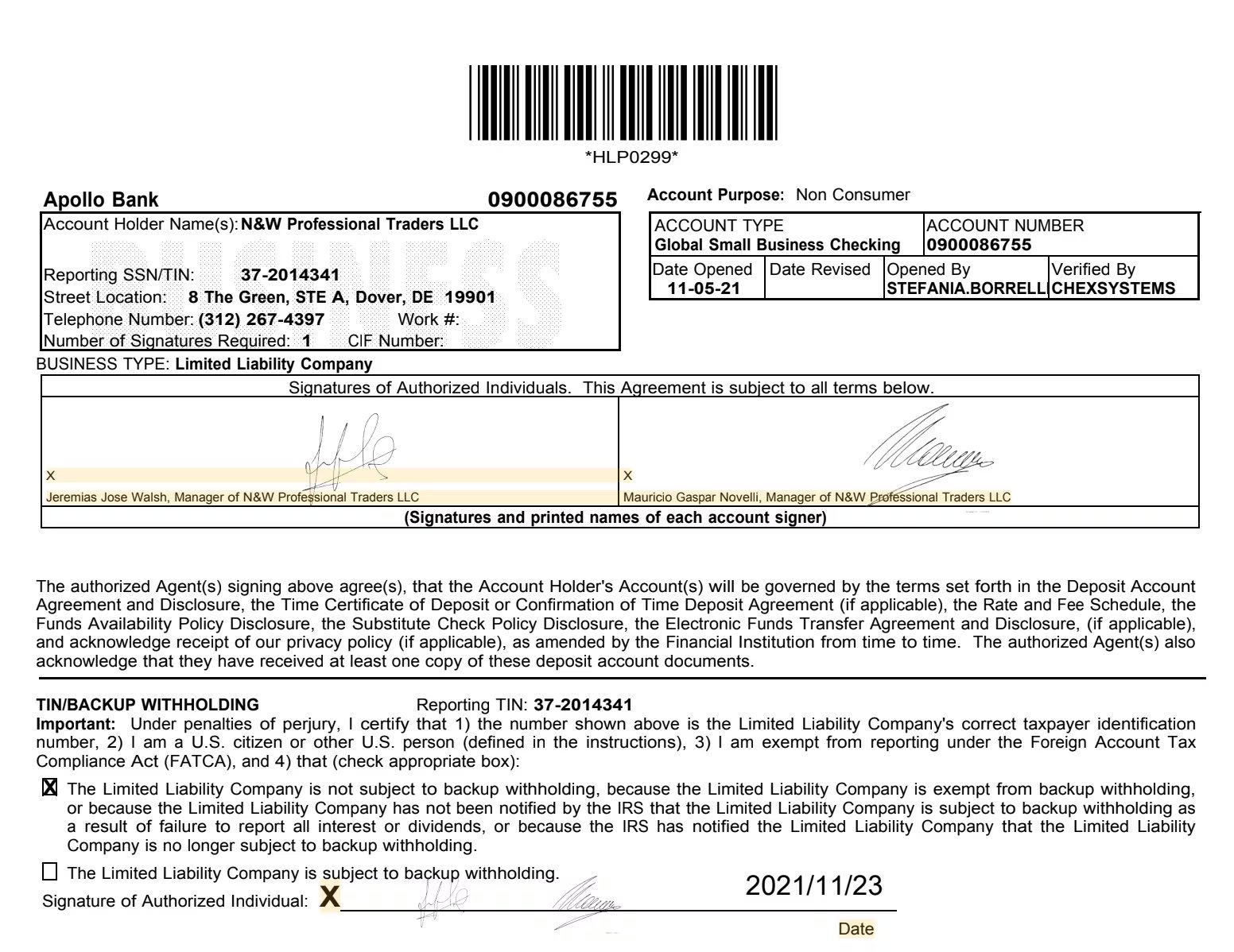 Apertura de cuenta de N&W Professional Traders LLC en el Apollo Bank de Miami, con las firmas de Novelli y Walsh