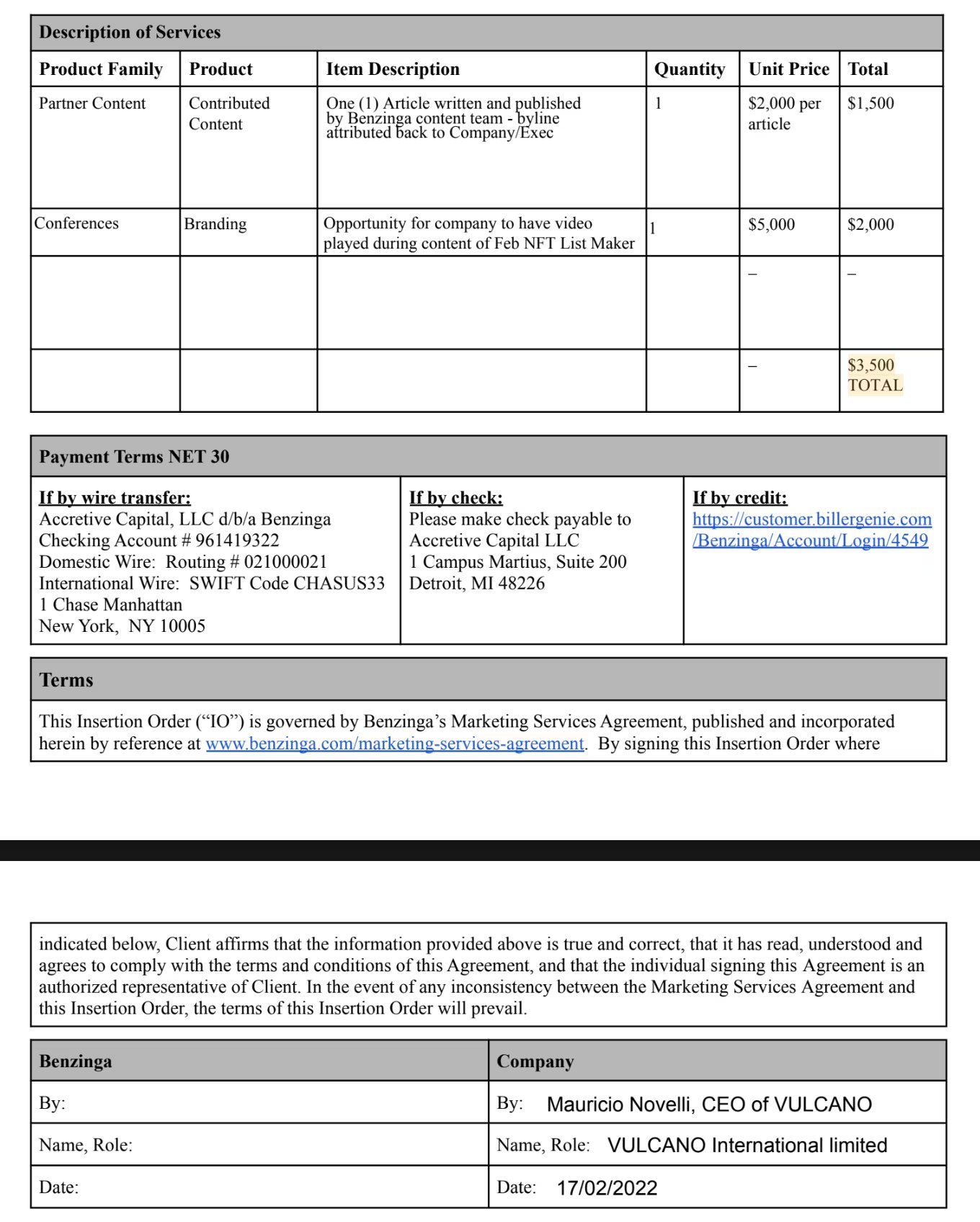 Novelli firma un contrato en febrero de 2022 con Benzinga como CEO de Vulcano International Ltd