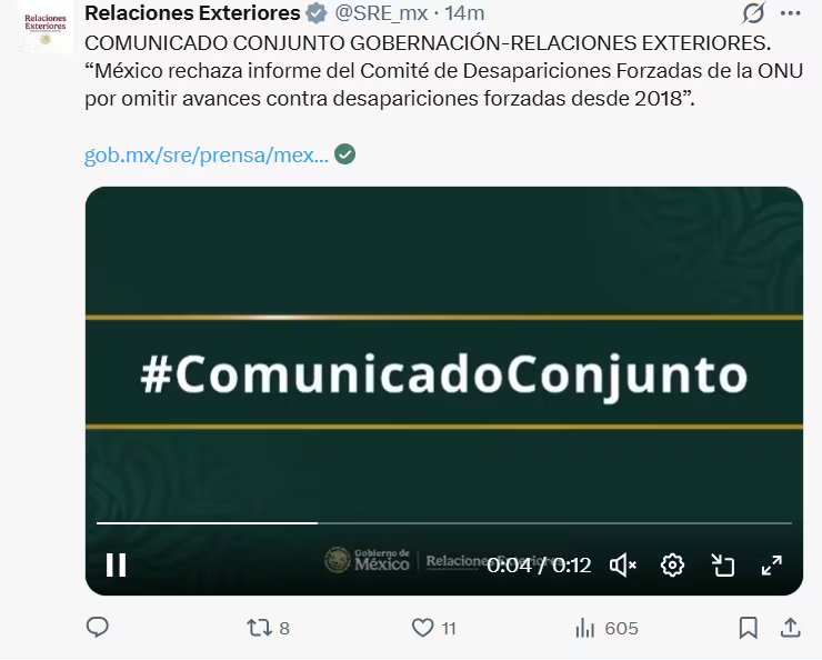 El Comité de la ONU contra la Desaparición Forzada lleva por primera vez el caso de México ante la Asamblea General. | X(@SRE_mx)