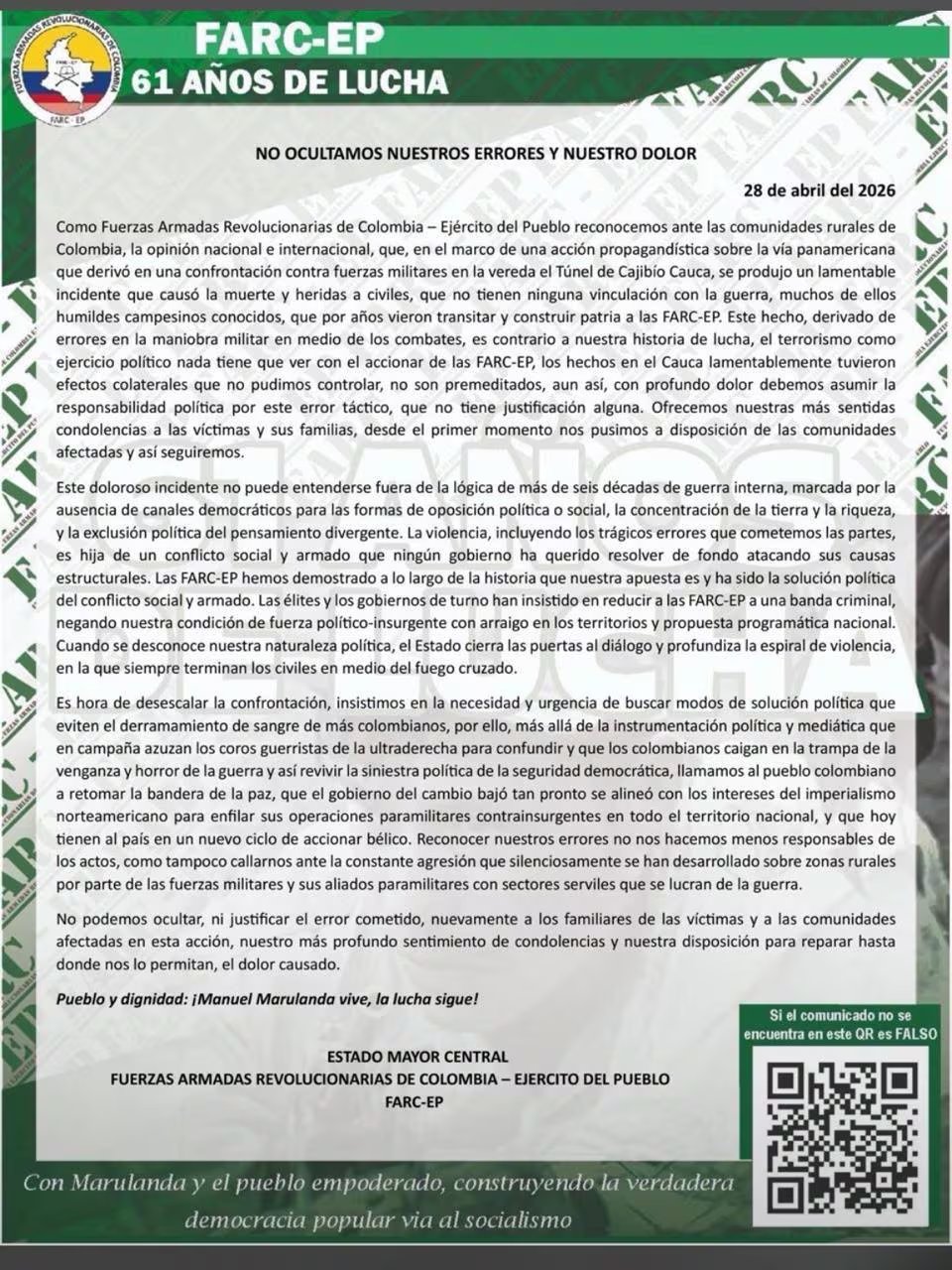 Este es el documento expuesto por las disidencias - crédito Red Social X