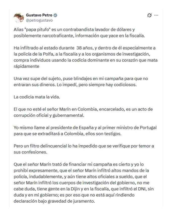 A través de su perfil de X, con un extenso mensaje, el presidente Gustavo Petro se pronunció sobre las informaciones que involucran a su administración con presuntos ofrecimientos ilegales a alias Papá Pitufo - crédito @petrogustavo/X