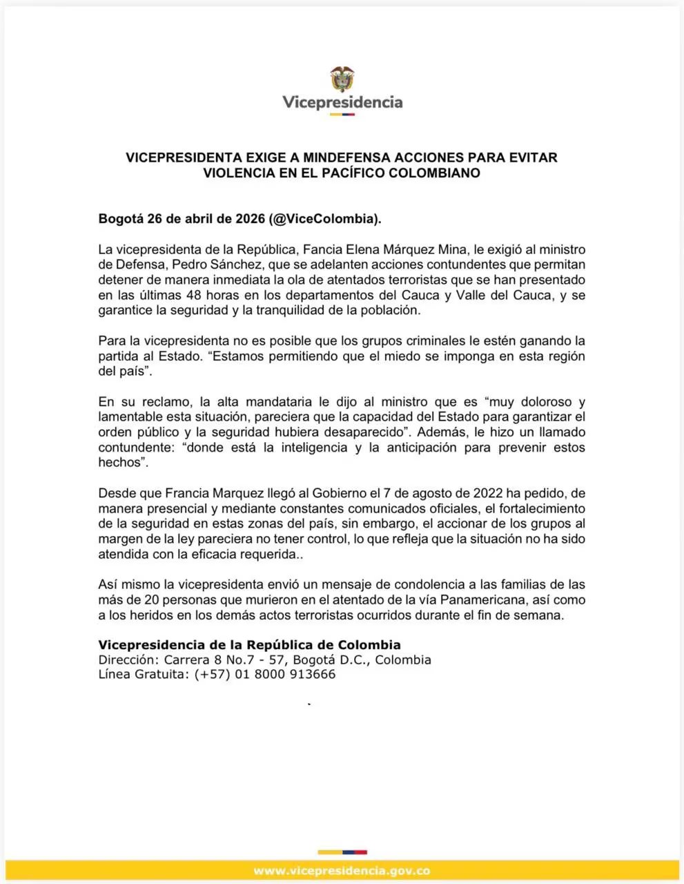 Con este comunicado, la vicepresidenta Francia Márquez rechazó los atentados en el Cauca, perpetrados por las disidencias de las Farc - crédito @FranciaMarquezM/X