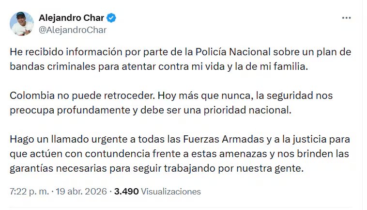 Mensaje del alcalde Alejandro Char en el que alertó sobre un presunto plan de bandas criminales contra su vida y la de su familia. - crédito Alejandro Char/X