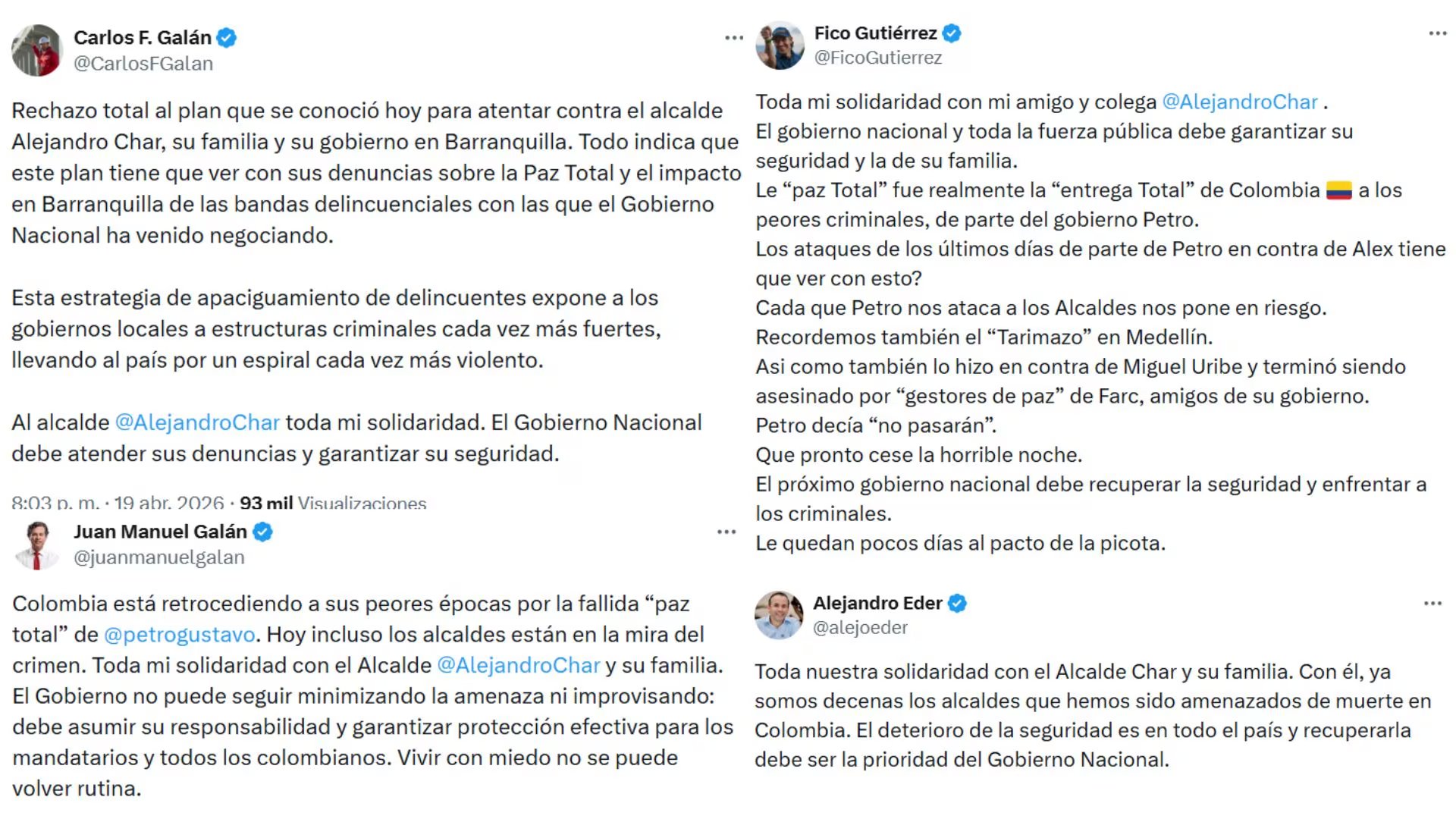 Reacciones de mandatarios locales que expresaron respaldo y solicitaron reforzar la seguridad del alcalde de Barranquilla. - crédito X