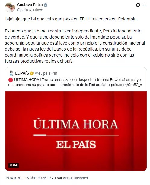 El jefe de Estado colombiano aseguró que la soberanía popular debe ser la nueva ley de la banca nacional - crédito @petrogustavo/X
