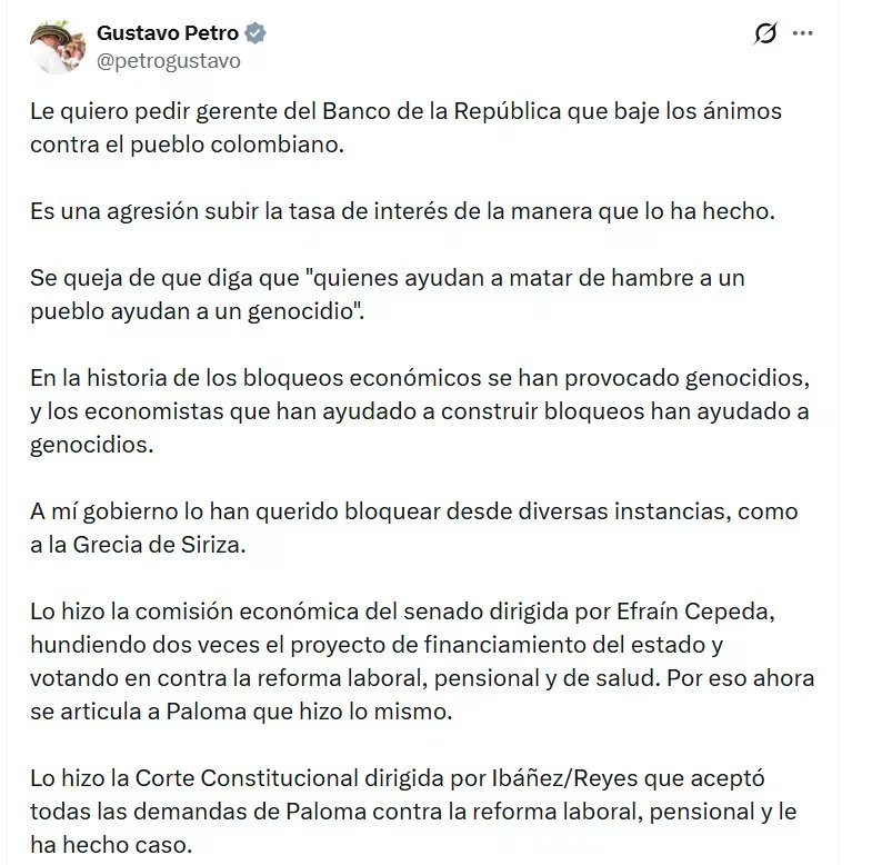 Gustavo Petro, presidente de Colombia, dijo que es una agresión subir la tasa de interés de la manera que lo ha hecho el Banco de la República - crédito @PetroGustavo/X